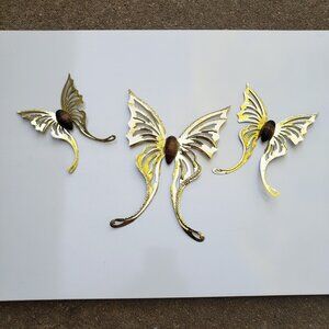 Vintage Set of 3 Brass Butterflies with Wood Bodies‎ Home Interiors Wall Hanging